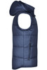A navy padded vest with a hood, featuring arm holes and a zipped pocket on the side.