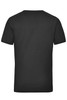 A plain black work T-shirt featuring a short sleeve design and a logo on the back.
