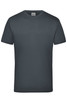 A dark grey t-shirt with a round neck and short sleeves. The shirt features a tag on the inside neck.