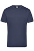 A navy blue work T-shirt featuring a crew neckline and short sleeves, with a logo on the label.