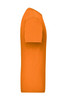 An orange work t-shirt, featuring a simple design and short sleeves. It has a logo on the side.