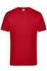 A red work T-shirt with short sleeves and a plain design, featuring a logo on the label.