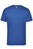 A blue work t-shirt featuring short sleeves and a round neckline, with a logo on the label.