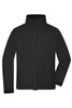 A black outer jacket with a high collar and a front zipper, featuring a logo on the sleeve.