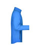 A men's softshell jacket in a vibrant blue colour with a zippered pocket and a collar.