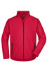 A red men's softshell jacket with a high collar and zipper pockets, featuring a logo on the chest.