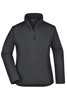 A black ladies softshell jacket featuring a zippered front and two side pockets. It has a collar and a logo.
