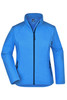 A ladies softshell jacket in bright blue with a zip front and side pockets, featuring a logo.