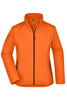 An orange ladies softshell jacket with a zip front and two side pockets. It features a collar and has branding.