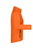 An orange softshell jacket with a zippered pocket and a stand-up collar. It features a streamlined design.