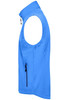 A blue softshell vest with a zippered pocket on the side and a high collar, featuring a logo.