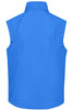 A blue men's softshell vest featuring a high collar and sleeveless design, with a logo on the back.