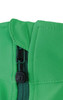 A close-up of a green softshell vest featuring a zip and a small logo.