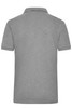 A grey polo shirt with a collar and short sleeves, featuring a logo on the back.