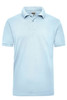 A light blue polo shirt with a collar, short sleeves, and a visible logo on the chest area.