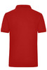 A red work polo shirt featuring a collar and short sleeves, with branding on the back.