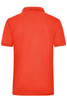 A bright red polo shirt featuring a classic collar and short sleeves, with a logo on the back.