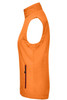 An orange ladies softshell vest with a high collar and a side zip pocket. It features a branding logo.