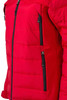 A red ladies' outdoor hybrid jacket featuring side zip pockets and a soft shell design. The jacket has a branding logo.