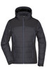 A black hybrid jacket featuring a zip front, two zippered pockets, and a hood, with a logo on the chest.