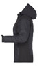 A black hybrid jacket with a hood, featuring padded sections and a side view showcasing its design and fit.