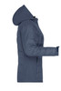A ladies soft shell jacket in navy blue with a hood and side zip pockets. Features a sleek, fitted design.