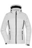 A ladies’ soft shell jacket in white with black zippers and accents, featuring a hood and quilted design.