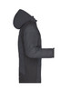 A men's outdoor hybrid jacket in dark grey, featuring a hood and soft shell design. It has a logo on the front.