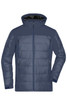 A men's outdoor hybrid jacket in navy blue with a hood, featuring zippered pockets and a puffy design.
