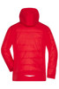 A red men's outdoor hybrid jacket with a hood, featuring a soft shell design and puffy panels on the back.