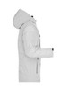 A light grey men's outdoor hybrid jacket with a hood, featuring a sleek design and a logo on the sleeve.