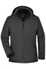 A soft shell jacket in dark grey with a hood and zip pockets. Features a logo on the front.