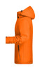 An orange soft shell jacket with a hood, featuring a zip pocket and a logo on the sleeve.