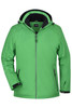 A green soft shell jacket with a hood, featuring zippered pockets and a logo on the chest.