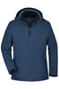 A soft shell ladies' jacket in navy blue with a hood, featuring zippered pockets and a logo.