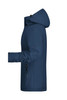 A soft shell jacket in navy blue with a hood and side zip pockets. Features a logo on the jacket.