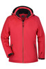 A red ladies soft shell jacket with a black hood and zippered pockets, featuring a logo on the front.