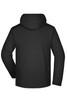A black men's winter sport jacket with a hood, featuring long sleeves and a simple design.