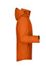 An orange men's winter sport jacket with a hood, featuring a side view and zippered pockets, and a logo.