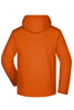 An orange men's wintersport jacket featuring a hood and long sleeves, with a logo on the back.