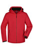 A red men's winter sport jacket featuring a hood, zippered pockets, and a logo on the chest.