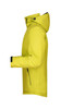 A men's winter sport jacket in bright yellow, featuring a hood and side zip pockets, with a logo on the sleeve.