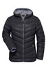A black ladies down jacket with a hood, featuring a zip closure and contrasting grey lining.