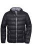 A black puffer jacket with a hood, featuring a zip front and side pockets. The interior is grey and it has a logo.