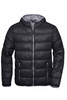 A men's puffer jacket in black with a hood, featuring zipped pockets and a sleek, insulated design.