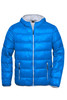 A bright blue men's down puffer jacket with a hood and zippered pockets. Features a logo on the chest.