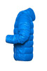 A bright blue puffer jacket with a hood, featuring a side view and a logo on the sleeve.