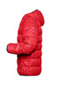 A puffer jacket in bright red with a hood and zipped pockets, showing a side view and featuring a logo.