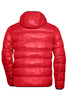 A red puffer jacket with a hood, featuring a quilted design and a logo on the back.