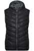 A black ladies down vest featuring a hood, zip closure, and zipped side pockets. The fabric has a quilted pattern.